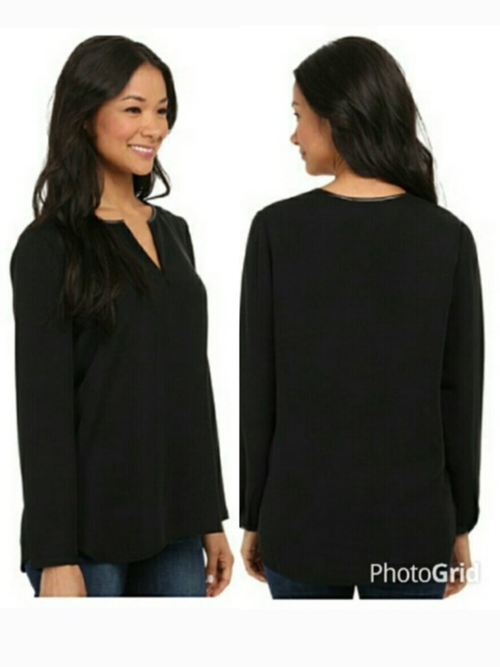 NIC+ZOE NIC ZOE Trimmed Tone Blouse Black Vegan Leather Trim V-Neck Long Sleeve